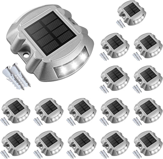 VOLISUN Solar Deck Lights, 16-Pack Led IP67 Waterproof Outdoor Warning Step Lights for Driveway, Sidewalk, Garden Pathway, Yard (White)