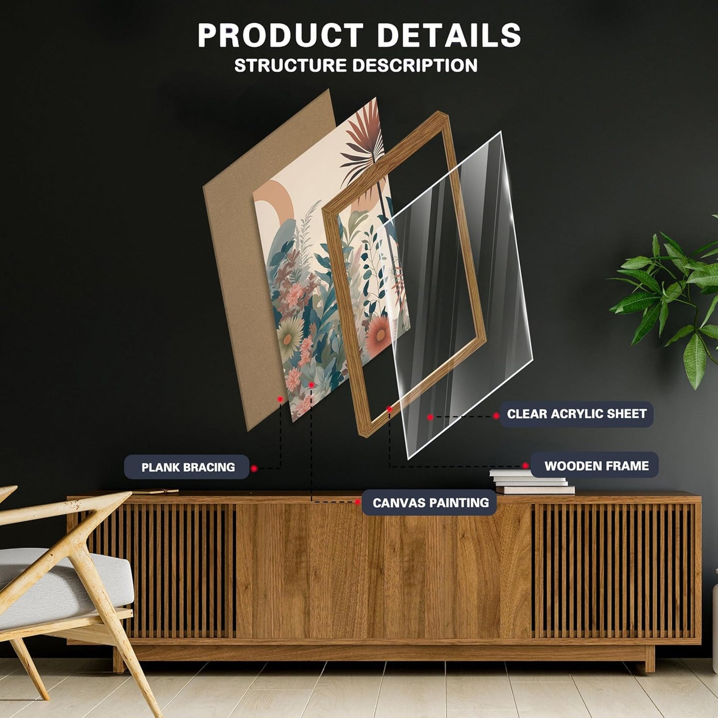 Marllifenney Wood Framed Orange Plants Canvas Wall Art Set of 3 Boho Botanical Wall Decor Abstract Floral Poster Modern Nature Prints Painting Picture for Living Room Bedroom Kitchen Office 12x16in