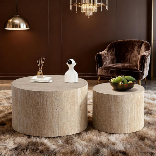 Round Nesting Coffee Table Modern Fluted Coffee Table Set of 2 Circle Drum Coffee Tables Small Round Accent Side End Table for Living Room No Assembly (Travertine 26in)