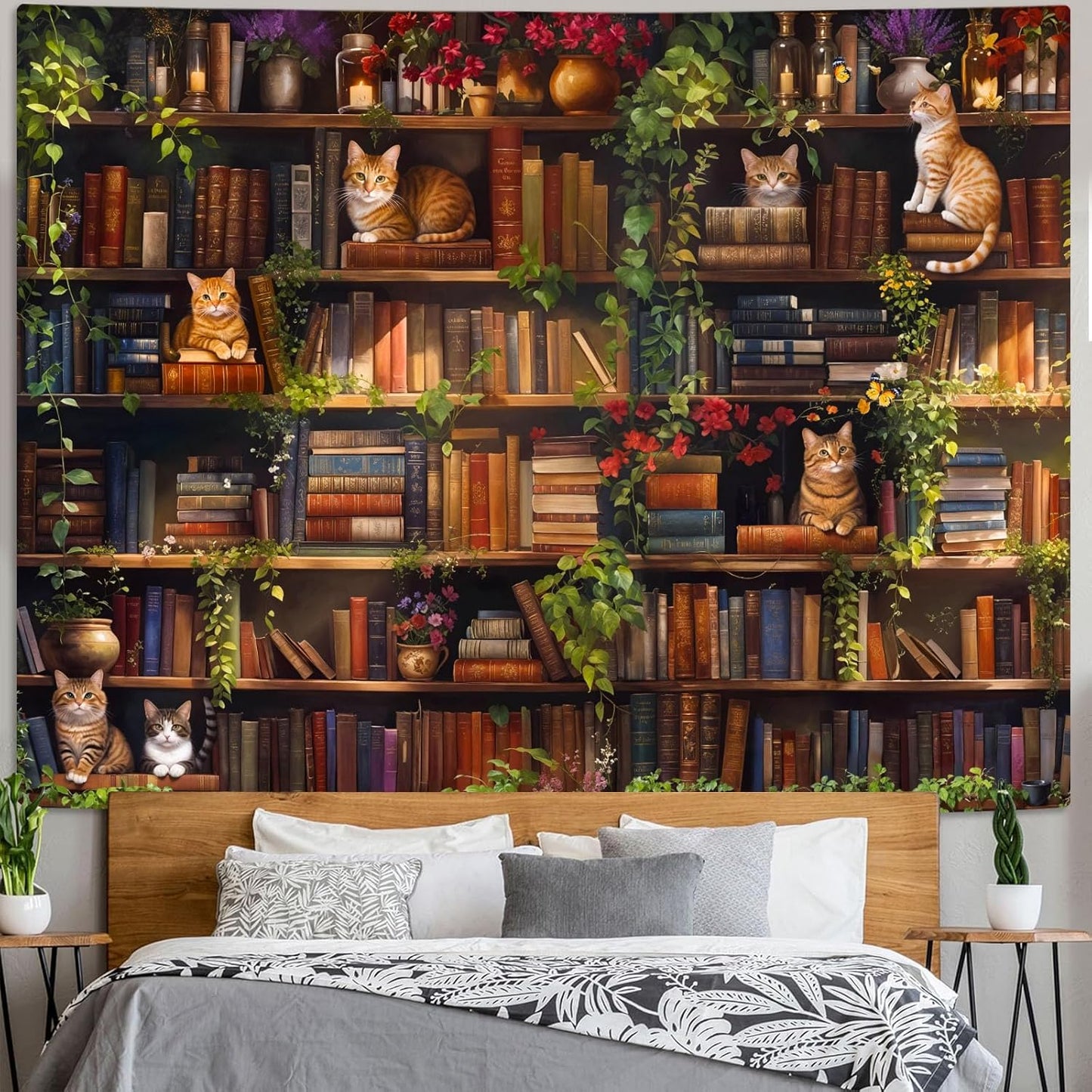 Accnicc Plant Cat Bookshelf Tapestry Botanical Floral Flower Cats Book Tapestries Wall Hanging Vintage Library Extra Large Tapestry for Bedroom Living Room Dorm 90 x 68 inch