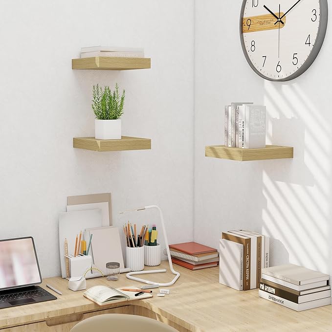 Fun Memories Floating Shelves for Wall - 10" x 10" Wood Shelf with Invisible Bracket - Deep Floating Shelves - 10 Inch Shelf Wall-Mounted for Living Room & Bathroom - Oak - Set of 2