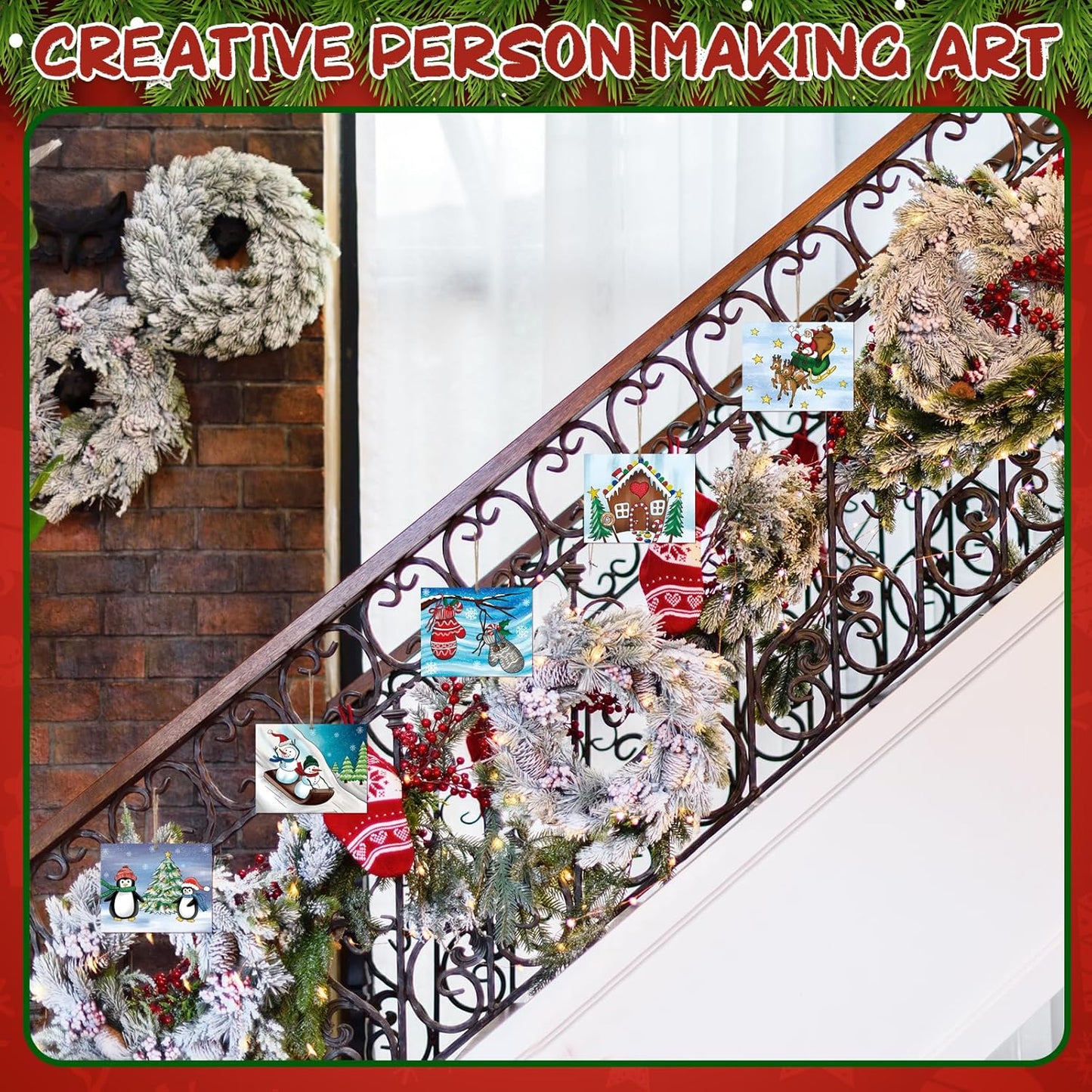 COCHIE 10 Pieces Large Christmas Unfinished Wood Crafts to Paint for Adults and Kids, Bulk Winter Predrilled Wooden Ornaments for Painting, Peppermint Candy House Paintable Wood Slices Craft Supplies