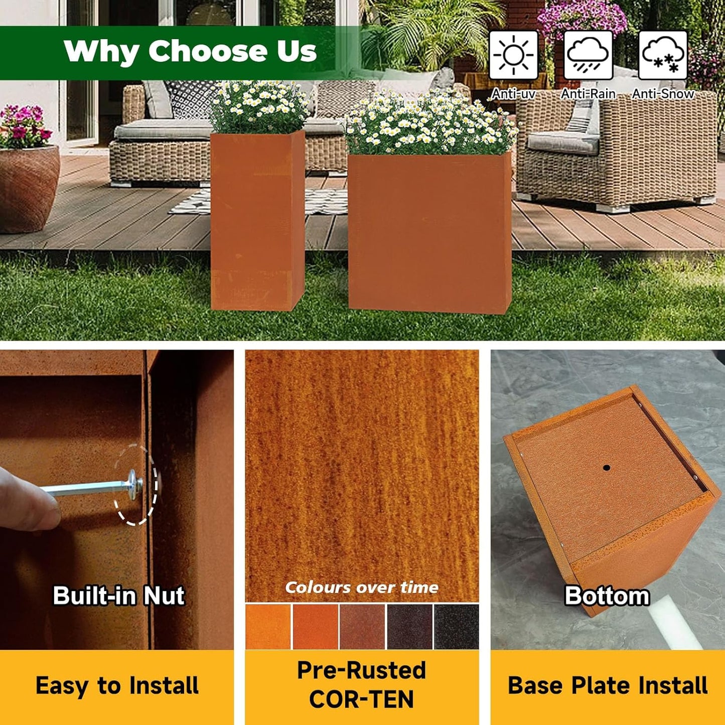 Corten Steel Metallic Heavy Planter for Outdoor Plants 14"x14"x30" Metal Planter Spliced Flower Pot with Partitions for Outside,Indoor,Garden (Corten, 14 * 14 * 30)