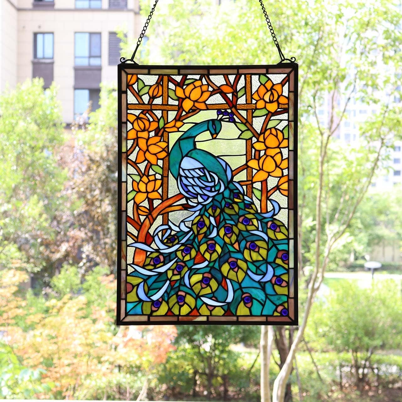 Bieye W10011 Peacock Tiffany Style Stained Glass Window Panel Hangings with Chain, 15" W x 23" H