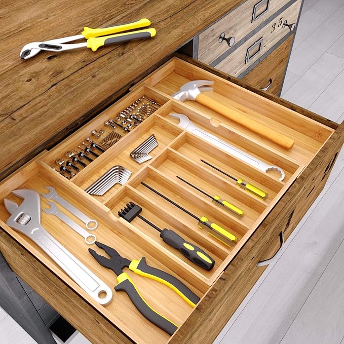 BAMEOS drawer organizer flatware organizer cutlery tray silverware organizer expandable adjustable bamboo drawer organizer kitchen bathroom