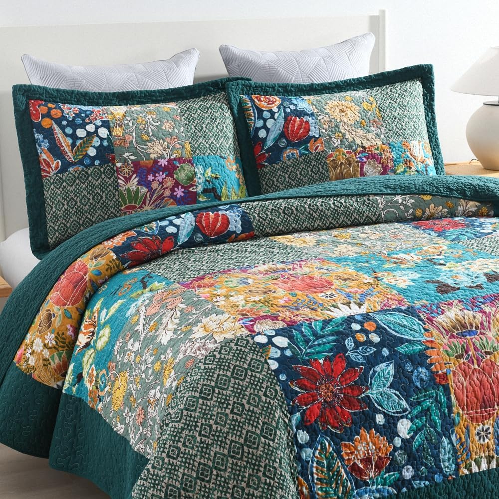 Autumn Dream Cotton Bedspread Quilt Sets Reversible Bedding Coverlet Sets Comforter, Vintage Floral Patchwork Turquoise Bedspread, Queen Size