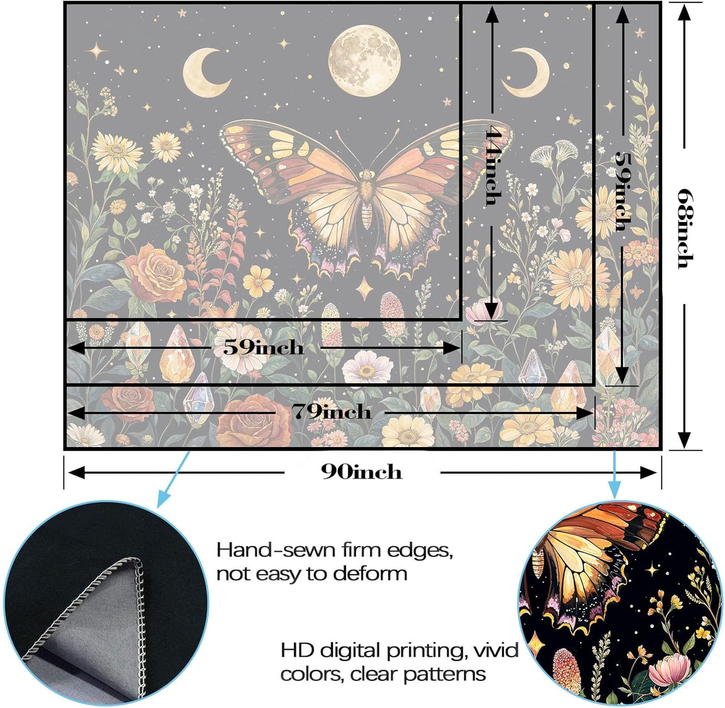 Lunerfex Boho Butterfly Tapestry Flower Moon Wall Tapestry, Moon Phases Tapestries for Bedroom Cute Tapestries Wall Hanging for Bedroom Living Room Decor Butterfly-2 70"x90"