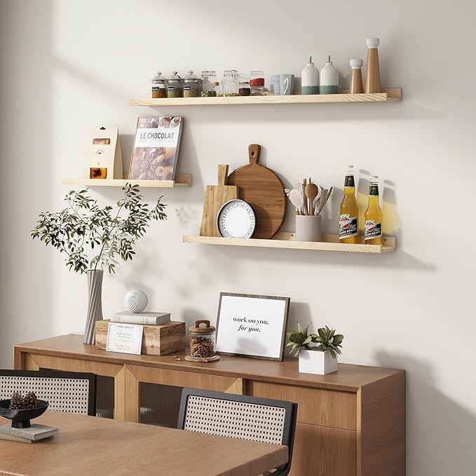 Pine Wood Nursery Book Shelves 3 Pack, Floating Ledge Shelves for Kids' Room, Bedroom, Bathroom, Long Floating Shelves for Wall, Natural