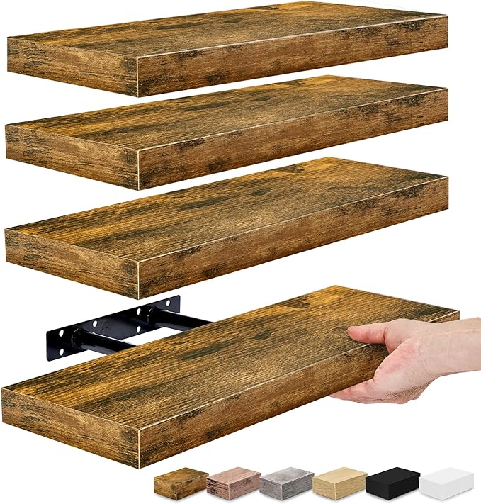 Sorbus Floating Shelves for Wall, Bathroom Shelves Wall Mounted for Kitchen, Bedroom, Living Room, Bathroom Storage, Over Toilet, Hanging Book Shelf for Ｗall Home Decor (Rustic Brown, 4 Pack)