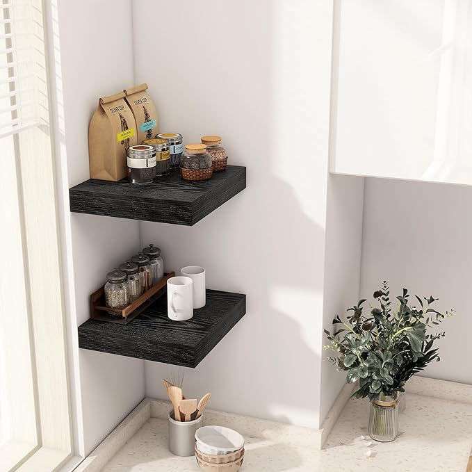 Fun Memories 12 Inch Floating Shelf, Rustic Wood Wall Shelves for Wall Decor & Storage, 12 x 12 Floating Shelf for Living Room, Bathroom, Bedroom, Black, Set of 2