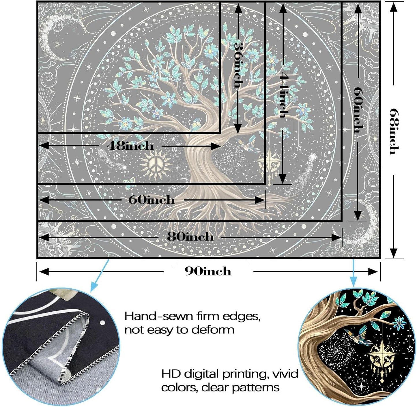 Lunerfex Tree of Life Tapastry Butterfly Moon Tapastry Flower Tree Tapestries Mandala Wall Hanging for Bedroom and Living Room Decor 36×48 Inches