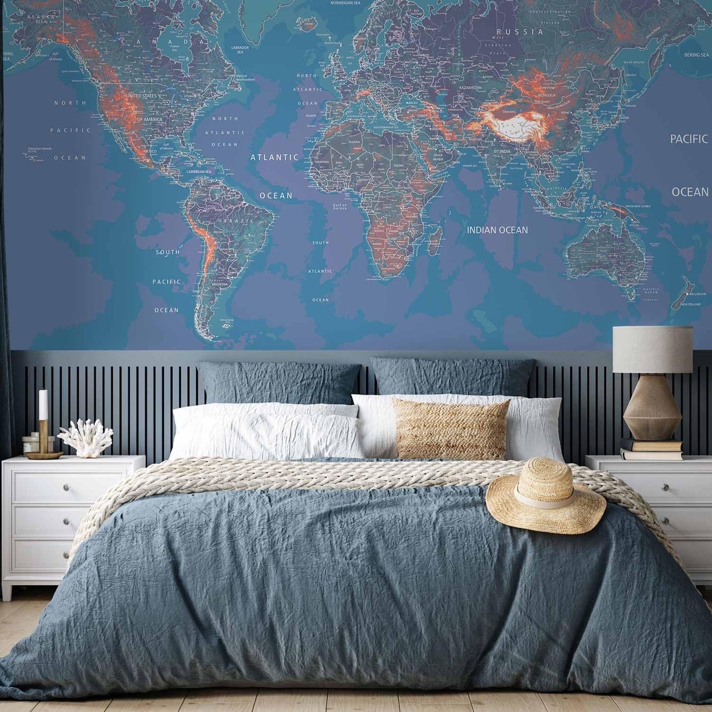 artgeist Premium Wall Mural World Map 177x124 in - XXL Non-Woven Wallpaper Fleece Wall Decor Photo Print Picture Image Design Home Map of The World k-A-0061-a-d