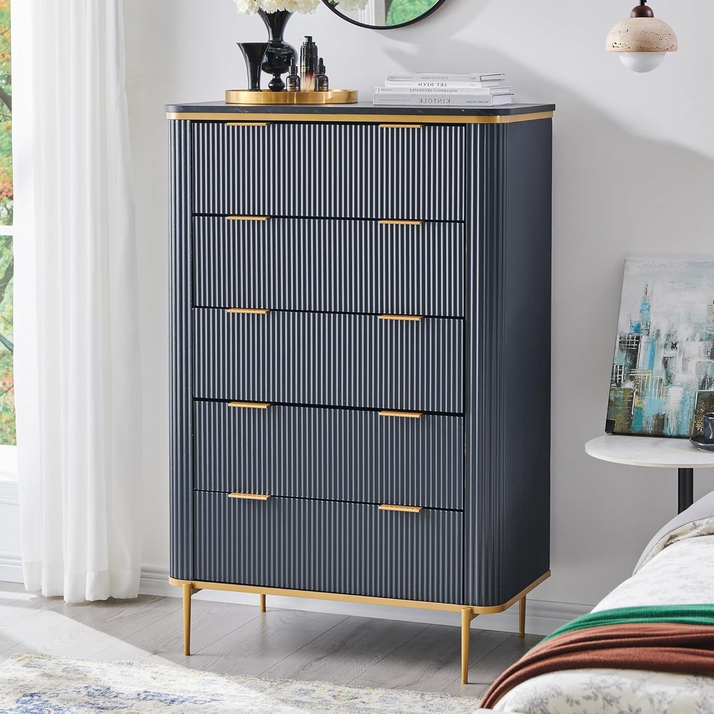 T4TREAM Fluted 5 Drawers Dresser for Bedroom, 48" Tall Modern Dresser Chest of Drawers, Gold Accents, Fluted Fronts, Wood Storage Dressers Organizer for Bedroom, Living Room, Dark Grey