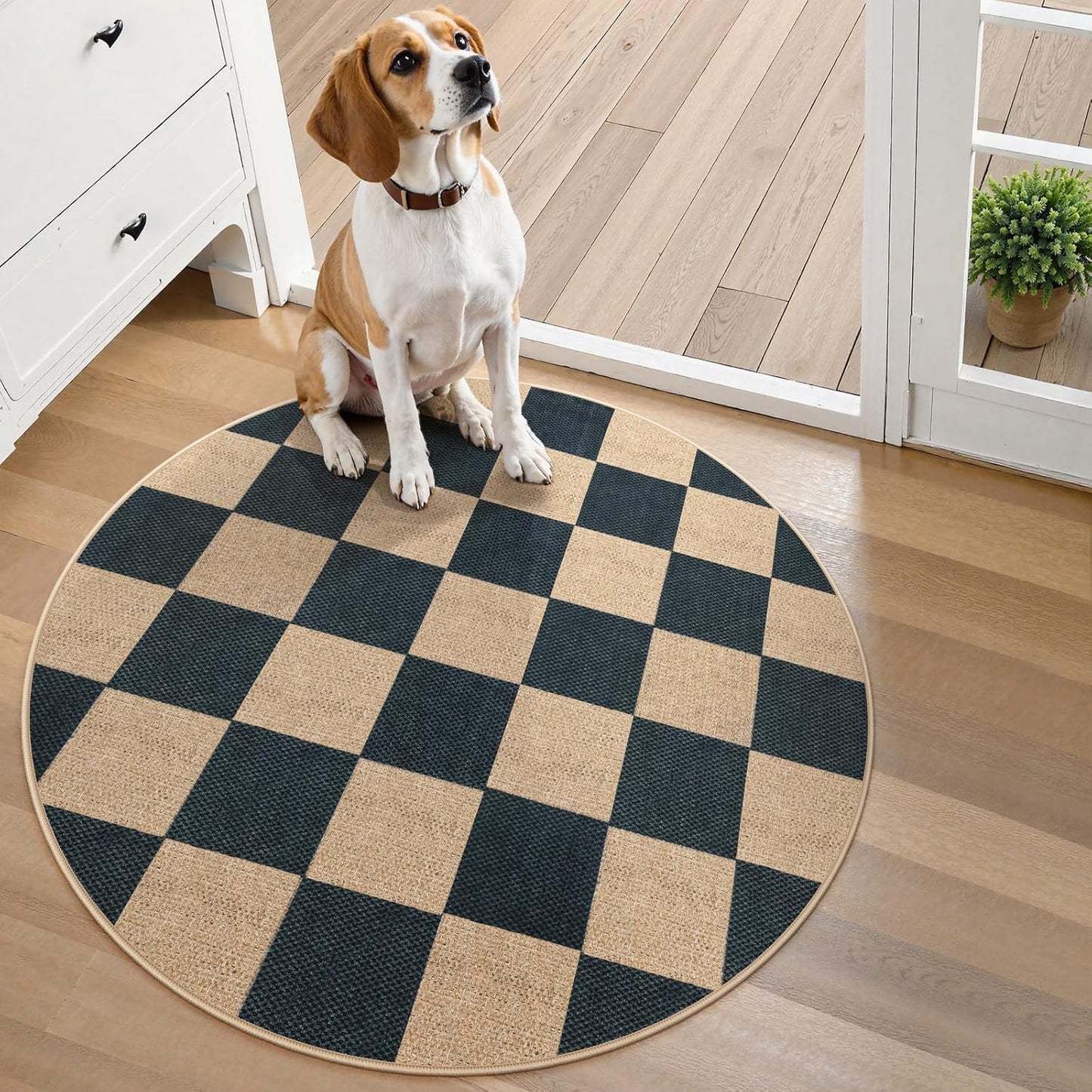 Lahome Checkered Easy Jute Rugs for Entryway, 3 ft Round Rug Small Indoor Outdoor Circle Carpet, Farmhouse Neutral Non Slip Non Shedding Black Carpet for Kitchen Front Porch Foyer
