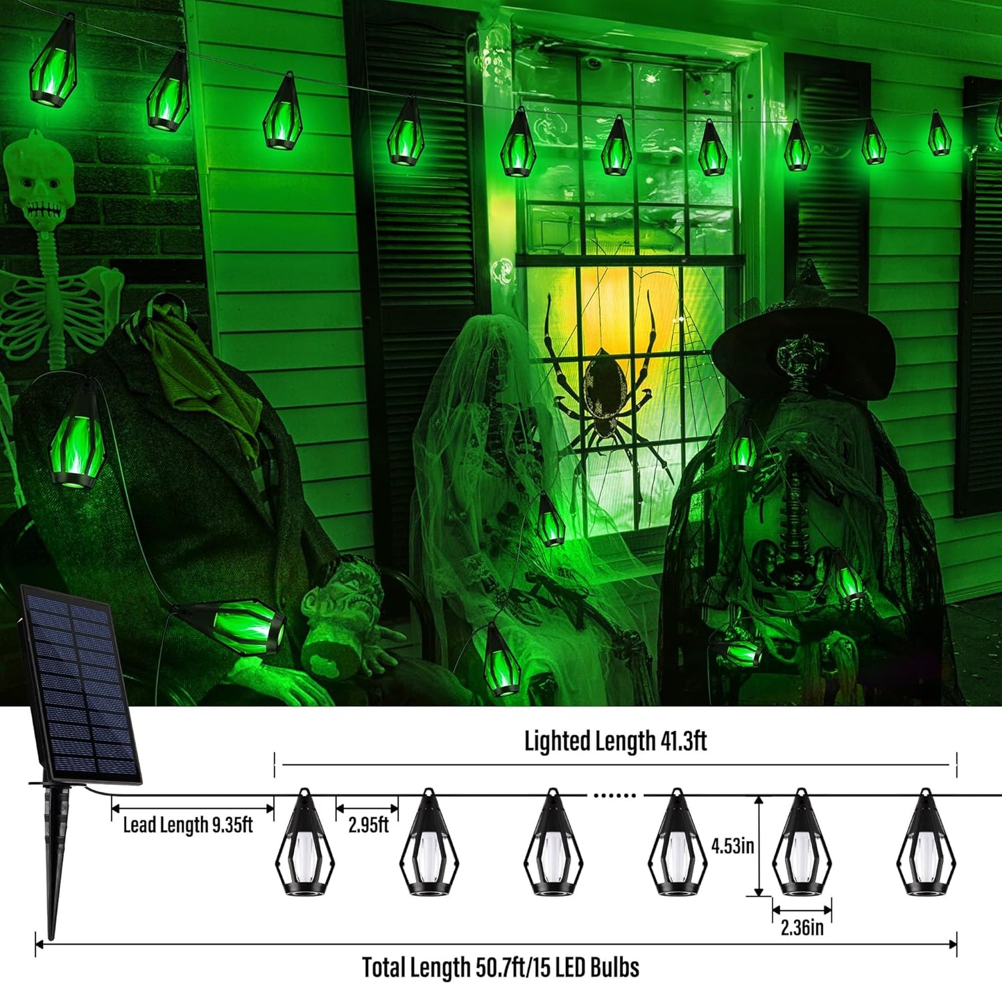 iBaycon Solar Halloween Lights, 42Ft 15 LED Bulbs Flickering Flame String Light, Outdoor Waterproof Solar Flame Lights for Garden Yard Patio Halloween Decorations (Green)