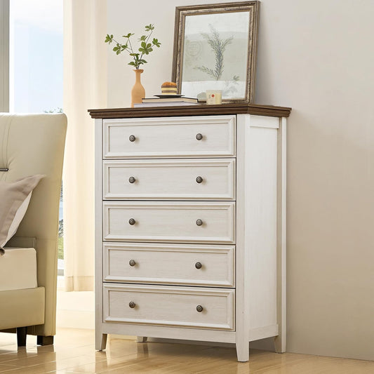 BLANKSPACE Dresser for Bedroom, 5 Drawer Dresser, Modern 5 Chest of Drawers, Farmhouse Storage Cabinet with 5 Drawers for Home Office, Dining Room, Antique White