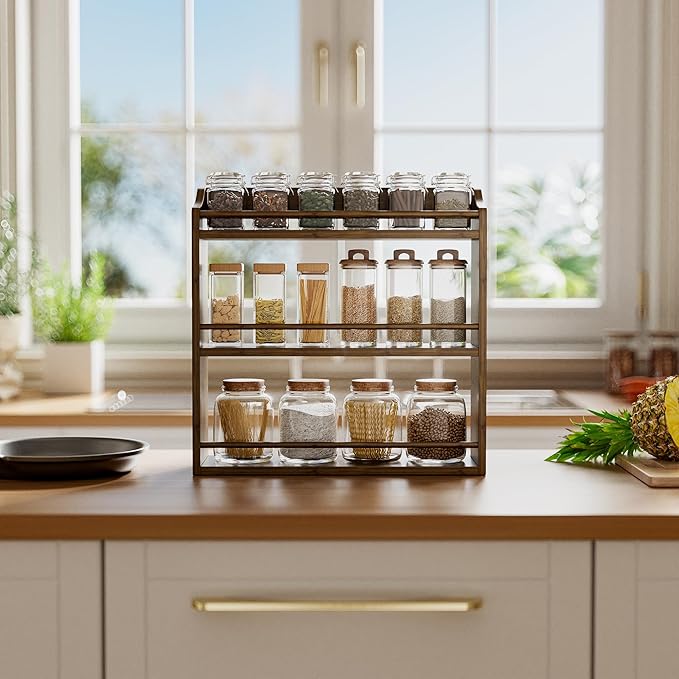 Spice Rack for Countertop, Bamboo Seasoning Jars Organizer Rack Shelf Wall Mounted, 15.83" W x 4.96" D x 15.75" H (Walnut)