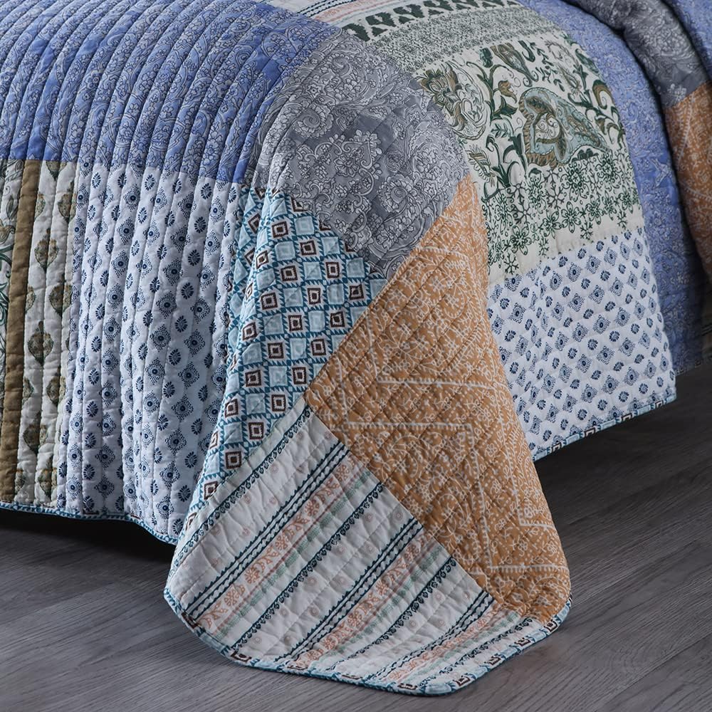 Cotton Bedspread Quilt Sets 3 Pieces Reversible Coverlet Sets Comforters Blue Bohemian Paisley Patchwork Bedspread, King Size