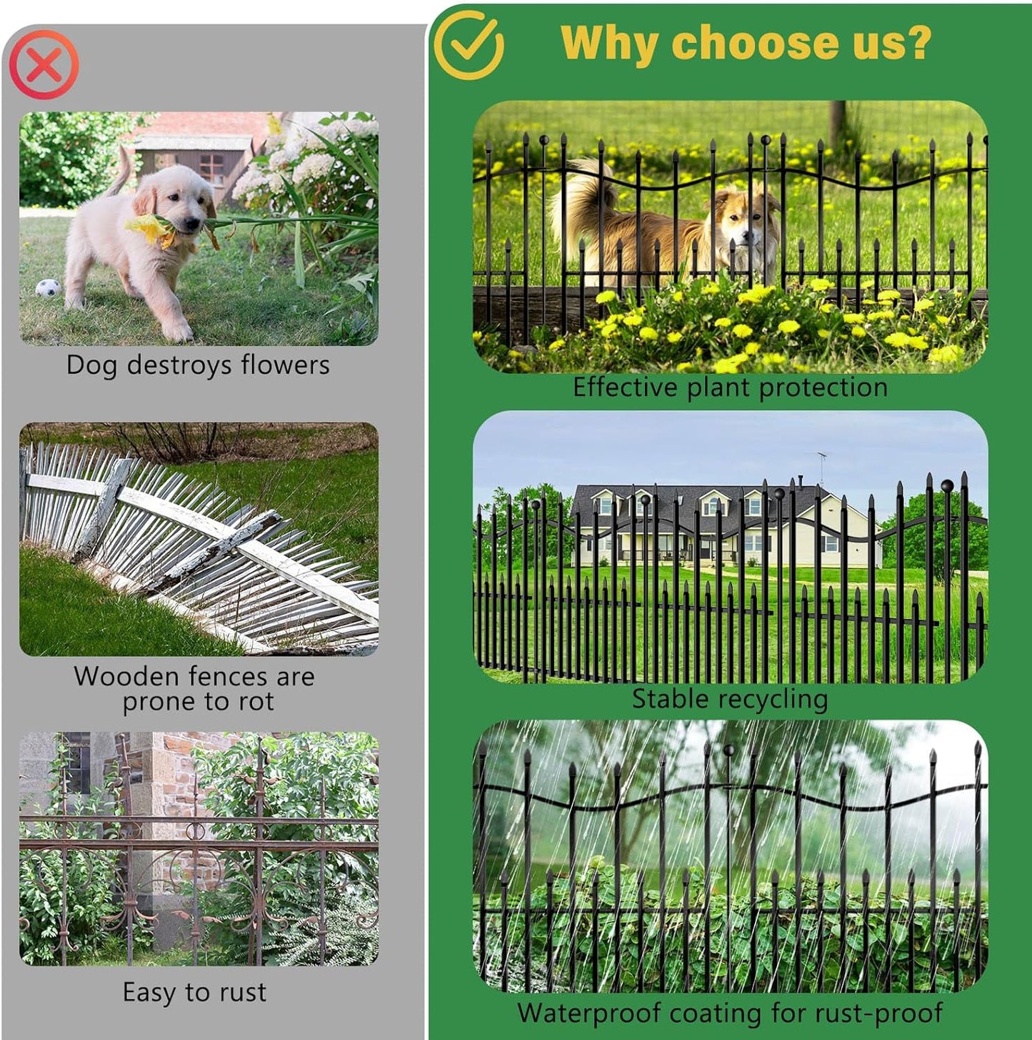 10 Panels No Dig Decorative Garden Fence, 24in(H)×22ft(L) Heavy-Duty Rustproof Metal Panels, Outdoor Dog Barrier for Yard & Patio, Landscape, Border| Portable Temporary Fencing