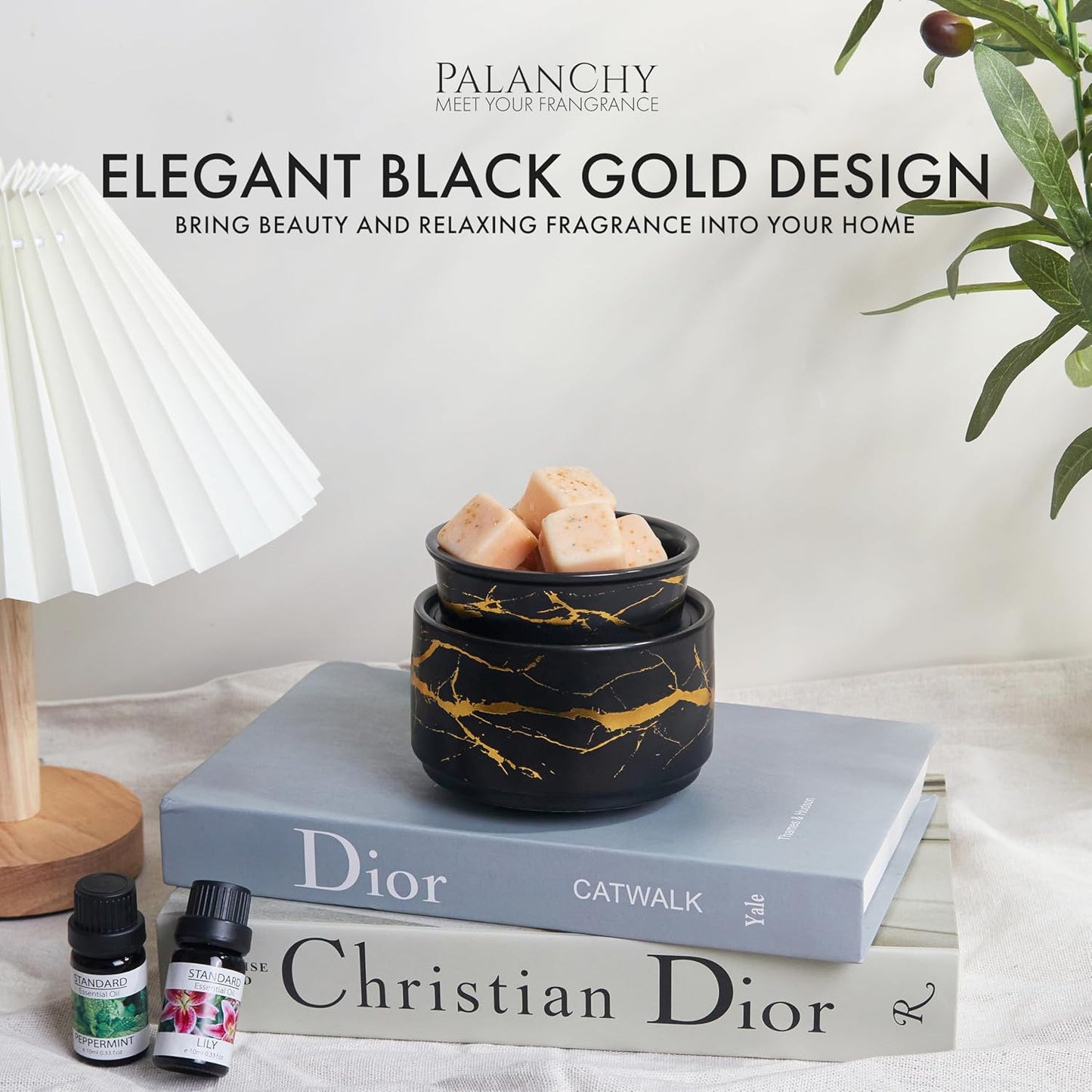 PALANCHY Wax Melt Warmer Ceramic 3-in-1 Oil Burner Electric Candle Wax Warmer Burner Melter Fragrance Warmer for Scented Waxs Home Office Bedroom Aromatherapy Gift& Décor (Black Gold)