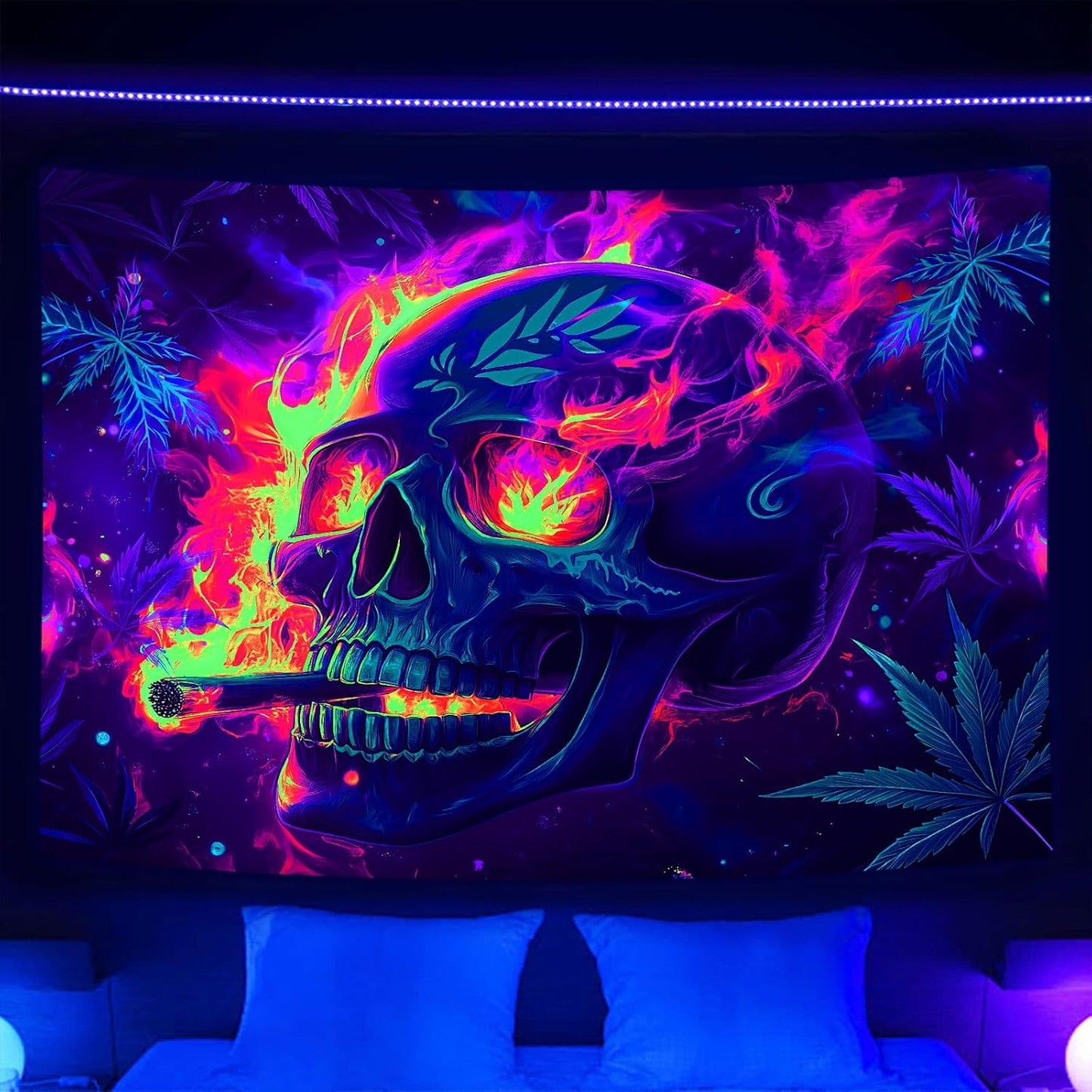 Blacklight Skeleton Tapestry, Glowing Skull UV Reactive Gothic Wall Hanging Tapestries, Glow in the Dark Grim Reaper Magic Horror Face Halloween Poster Tapestry for Bedroom Living Room Decor 70X60IN