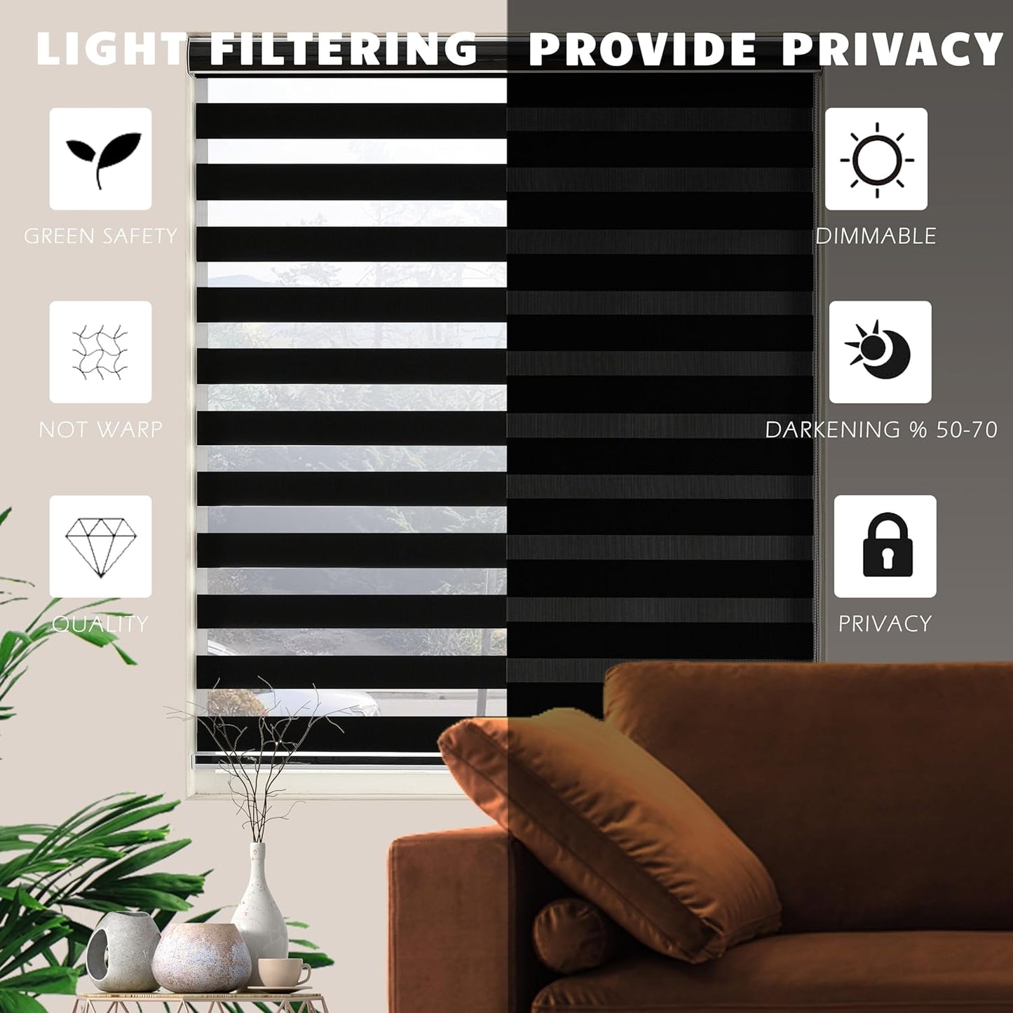 Customize Zebra Blinds for Windows Free-Stop Dual Layer Light Filtering Privacy Sheer Shade Easy to Install (10'' to 100'' Width)(Maximum Height 110'')(Custom Size & Colors)