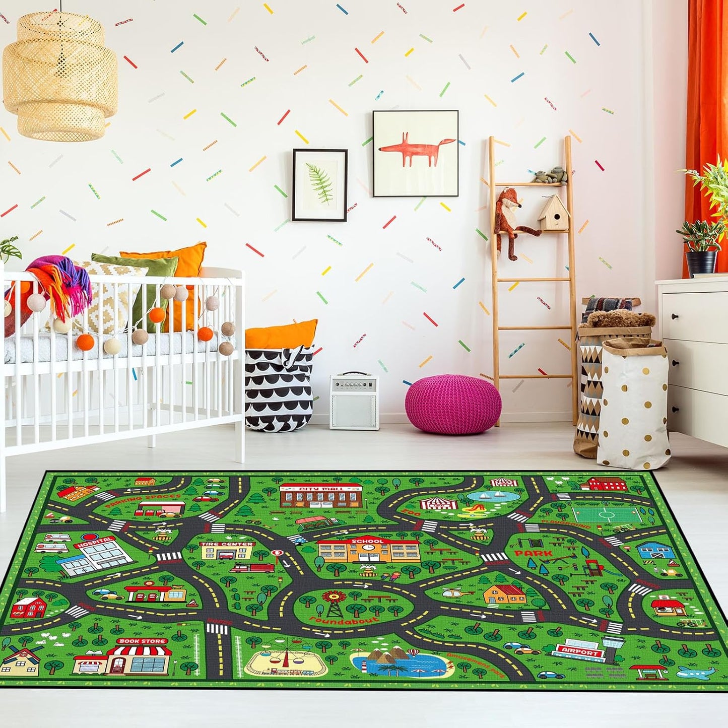 Kids Carpet Playmat Rug 4 x 6 ft Player Car Rug, City Life Traffic Road Map Mat Educational Game Area Mat for Toddler Children Playroom Classroom Bedroom(Green)