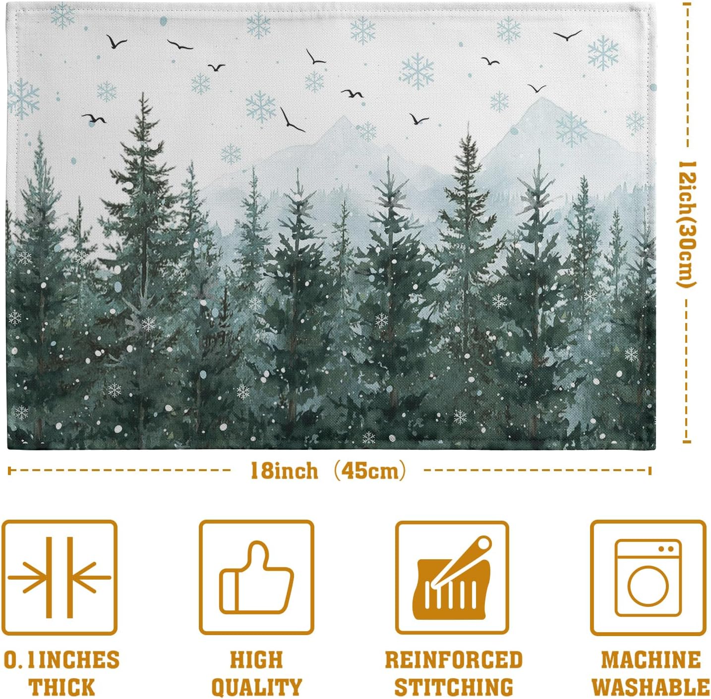 Winter Pine Tree Snowflake Placemats Set of 4 Christmas Snow Green Forest Place Mat 12x18 Inch Seasonal Xmas Holiday Rustic Nature Washable Fabric Table Mats for Farmhouse Kitchen Dining Decoration