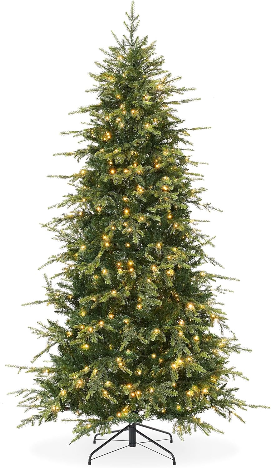 Casafield 7.5FT Pre-Lit Slim Green Aspen Fir Artificial Holiday Christmas Tree with White & Multicolored LED Lights, Realistic Noble Fir with Metal Stand