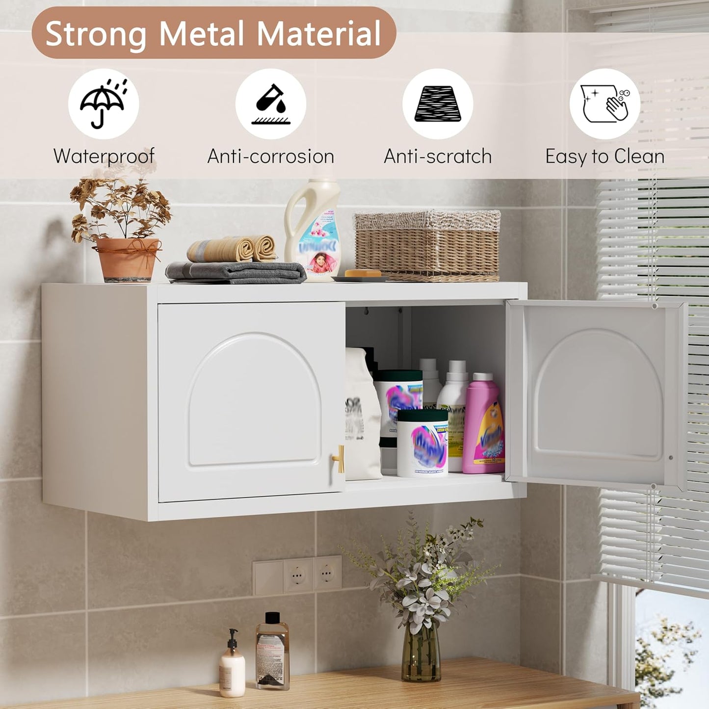 Wall Cabinet with Doors, Small Hanging Cabinet for Kitchen Pantry, Metal Overhead Cabinets for Dining, Living Room, Bathroom, 16" D x 32" W x 15" H, White, Assembly Required