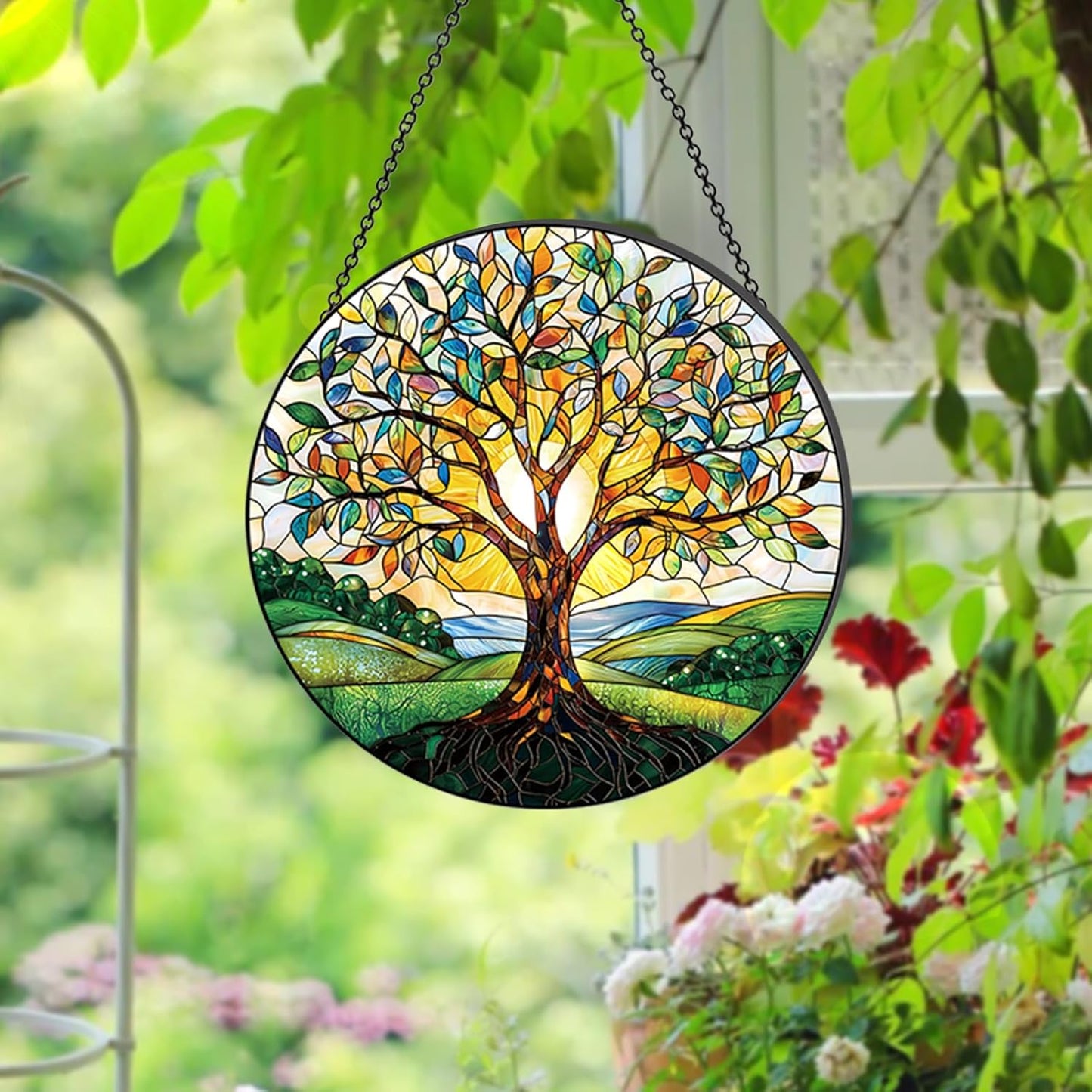 Stained Glass Window Hanging – Double-Sided Glass Sun Catcher with Chain – Memorial Window Art Panel for Home Décor, Spiritual Comfort, and All-Occasion Gifting