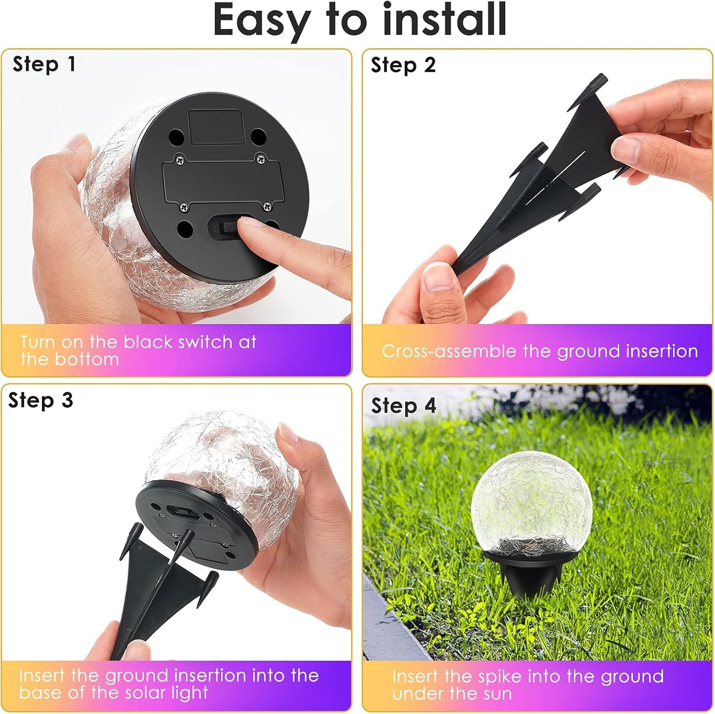 Solar Garden Lights, 4 Pack 120 LED Multicolor Cracked Glass Outdoor Decorative, Upgraded Waterproof Ball for Yard Pathway Patio Lawn Christmas Outside Decor, 3.94"