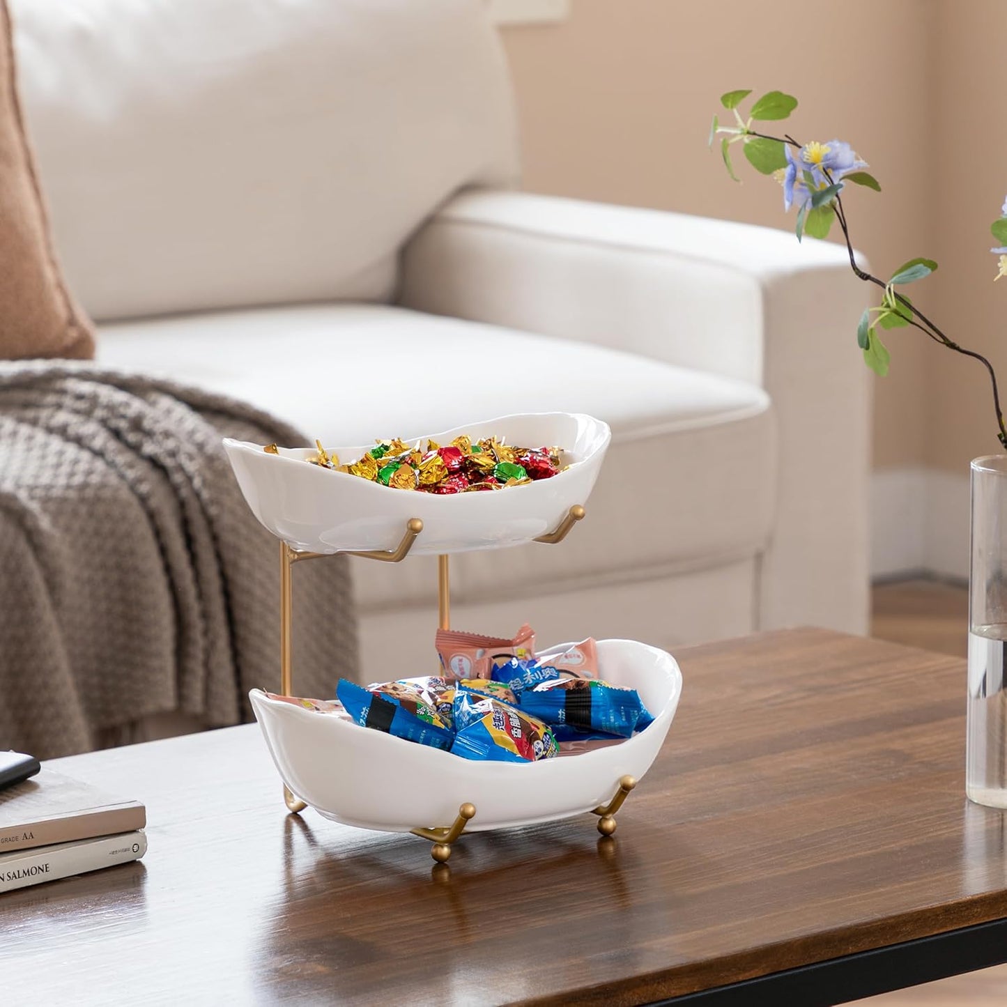 HBlife Fruit Bowl for Kitchen Counter - 2 Tier Fruit Basket with Metal Stand, Ceramic Fruit Holder for Fruit Vegetable Storage, Serving Platters Serving Trays for Party