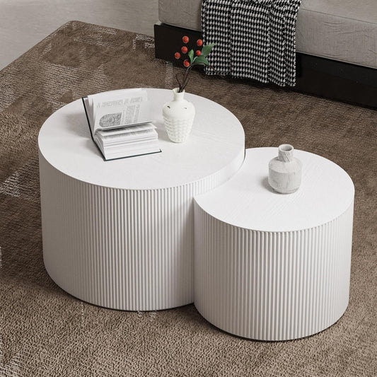 Round Nesting Coffee Table White Round Fluted Coffee Table Set of 2 for Living Room Small Circle Drum Coffee Tables Crescent End Table (White A 18in)