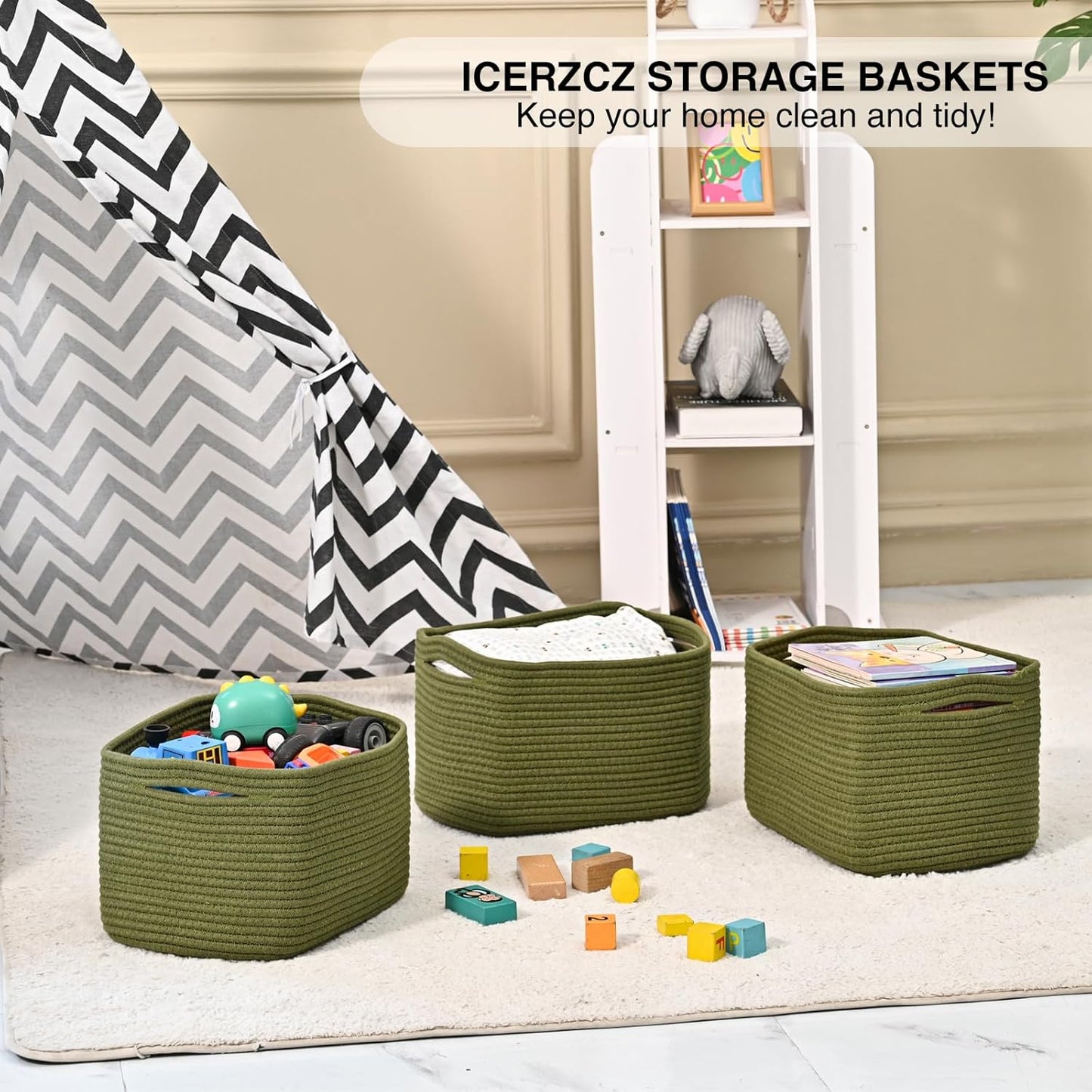 Storage Basket for Shelves, Small Baskets for Organizing, Woven Cotton Rope Baskets for Storage, Book Basket, Decorative Shelf Basket, 12.5"Lx9.1''Wx7.9''H (4 Packs) Green