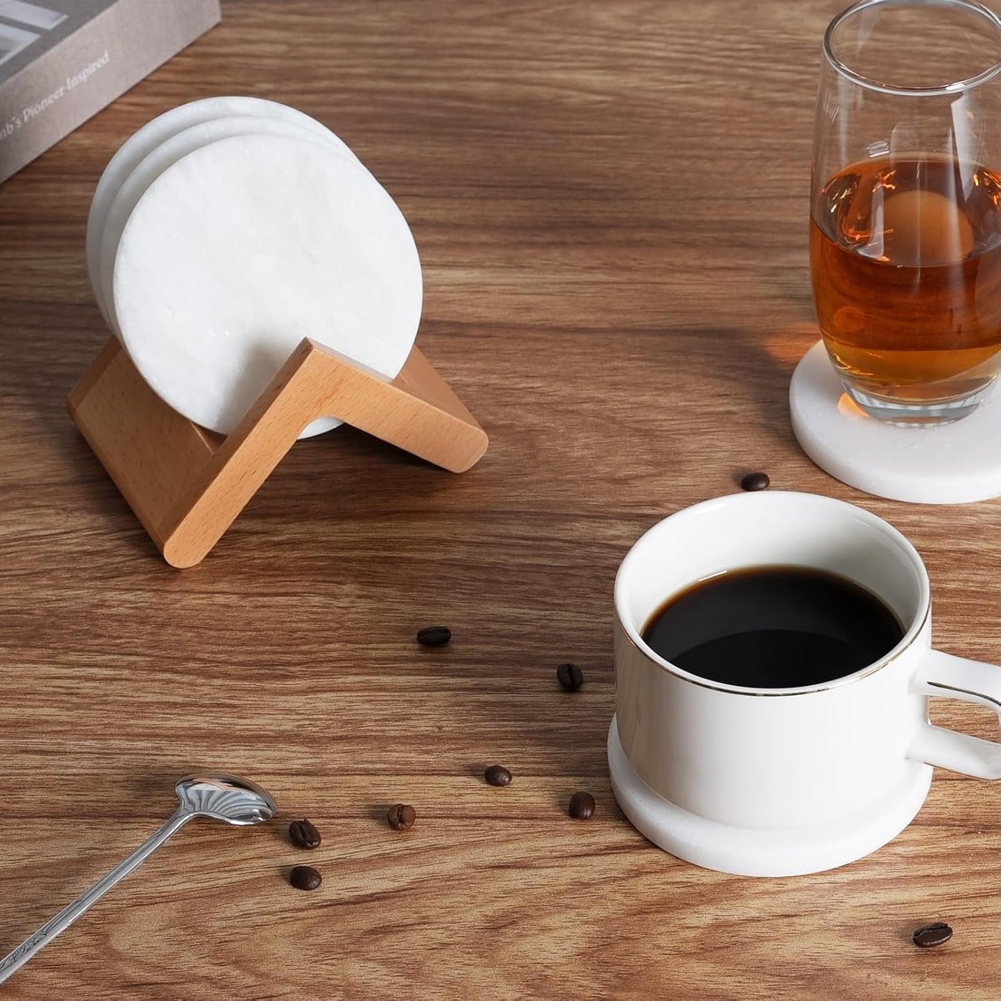 BCS Marble Coasters Set of 6 - Premium White Stone Coasters for Drinks with Holder - Cup Mats for Coffee, Tea, Beer, Wine - Elegant Table Decor for Home, Office, Dining