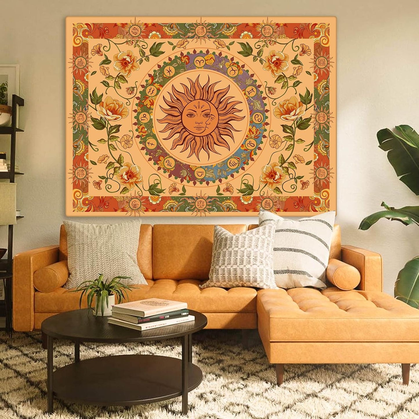 Aipon Yellow Sun and Moon Tapestry Indie Tapestries Boho Orange Flower Floral Tapestry Wall Hanging Cool Vintage Aesthetic Wall Tapestry for Bedroom Living Room Dorm (90.6'' × 70.8'', Orange)