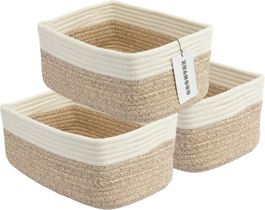 Small Woven Storage Baskets 12“X8”X5“ Decorative Rope Bins for Organizing Shelves, Closets, and Toys, Empty Gift Baskets, Cute Organizer Basket for Home and Office (white and brown regular)