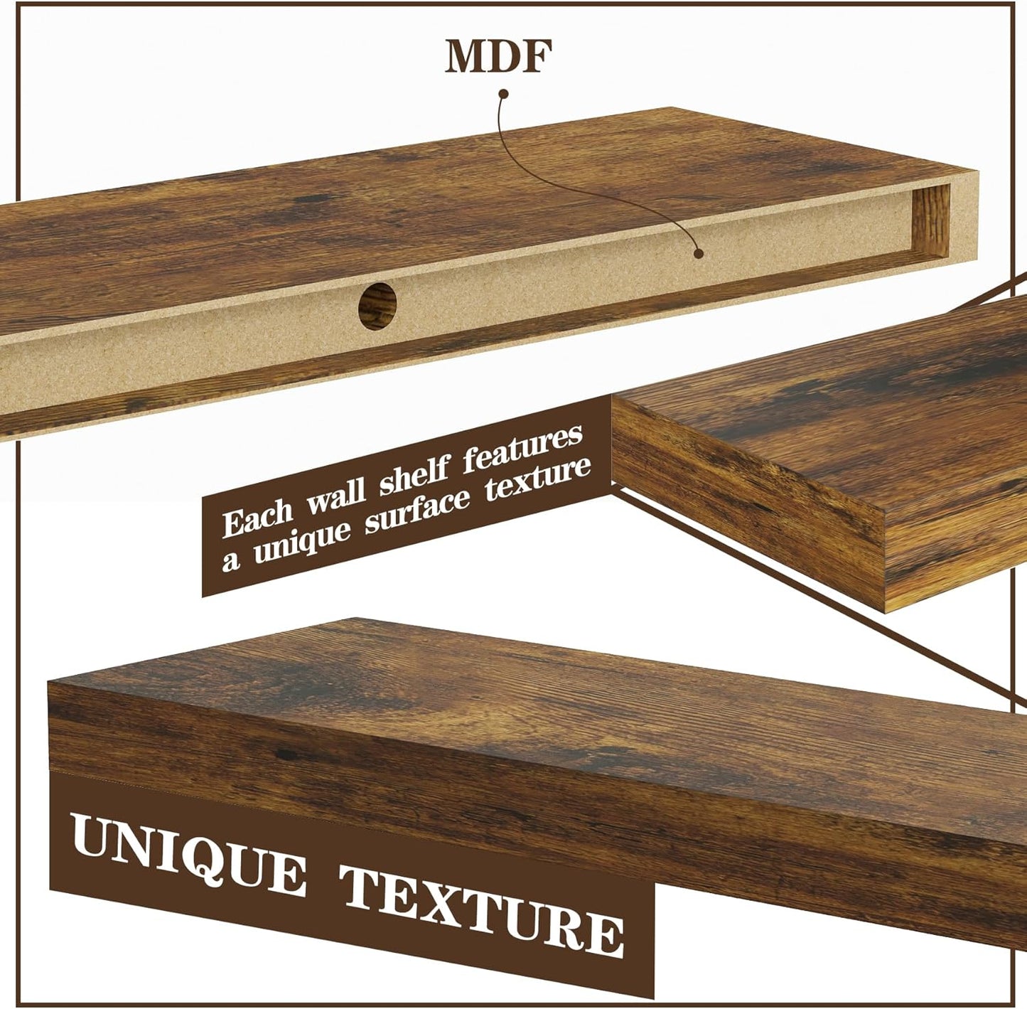 BAMEOS Floating Shelves,40 in W x 7in D Wall Mounted Wooden Shelves with Invisible Brackets Set of 2, Hanging Wall Shelves Decoration for Bedroom, Bathroom, Living Room and Kitchen,Rustic Brown