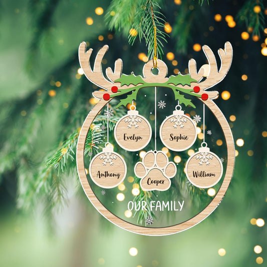 Personalized Family Christmas Acrylic Ornament 2024 - Custom Name Charms Family Members up to 10 People and Pets, Paw Charm Ornament Gifts for Family Tree Decoration (A01, 2 Names)