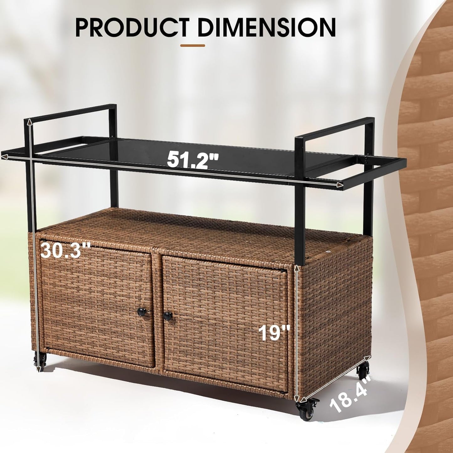 VINGLI Wicker Outdoor Bar Cart with Storage and Wheels, Outdoor Bar Table Serving Cart Rattan Bar Cart with Glass Top and Shelf for Pool, Party, Backyard, Porch (Brown)