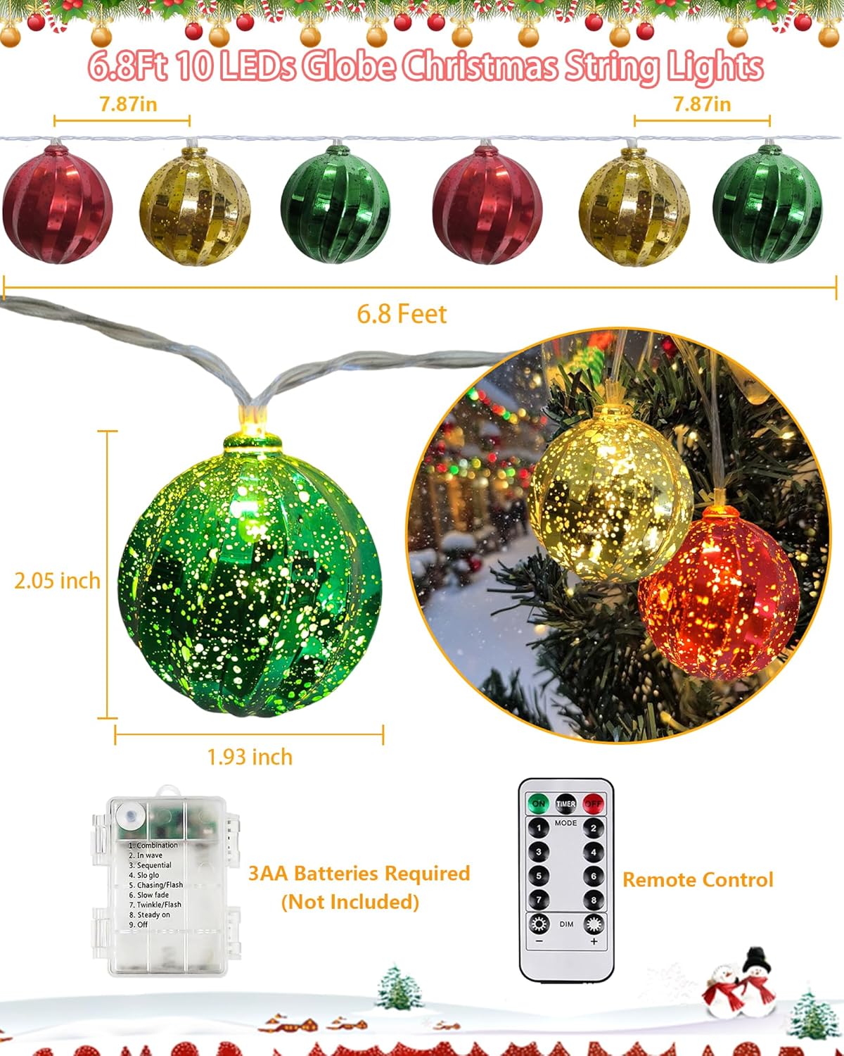 Christmas Tree Ball Ornament Lights 7FT Battery Operated Christmas Lights Indoor 10 LED Colored Ball Light with 8 Modes & Timer, Xmas Globe String Light for Bedroom Party Fireplace Porch Decor