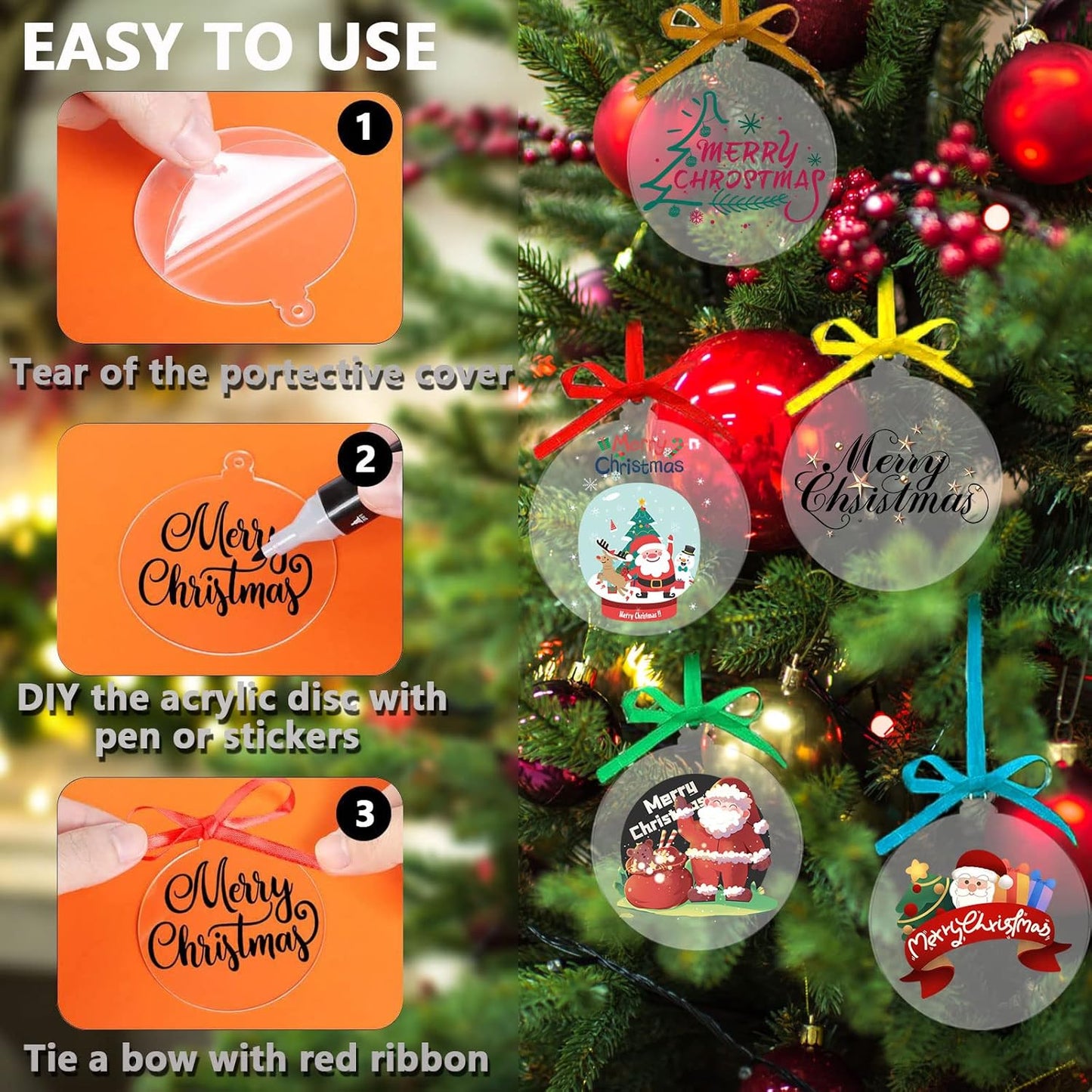 50 Pieces Christmas Hanging Ornaments Set 3''Christmas Ornament Acrylic Blank with 50Pcs 25 Color Ribbons for Christmas Tree DIY Decor (Classic Style, 50.00)