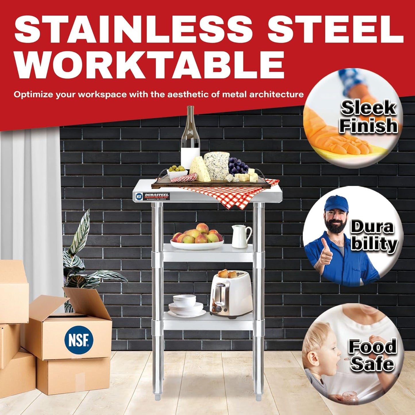 DuraSteel Food Prep Stainless Steel Table - 24 x 12 Inch Commercial Metal Workbench with Adjustable Under Shelf - NSF Certified - for Restaurant, Warehouse, Home, Kitchen, Garage