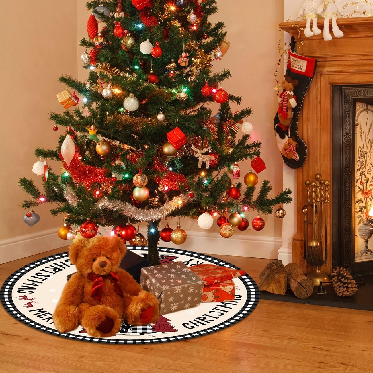 Christmas Tree Skirt 48 Inches Black White Buffalo Plaid Xmas Tree Skirt with Snowflake Merry Christmas Tree Skirts Christmas Tree Decorations for Christmas Holiday Home Decor Indoor Outdoor