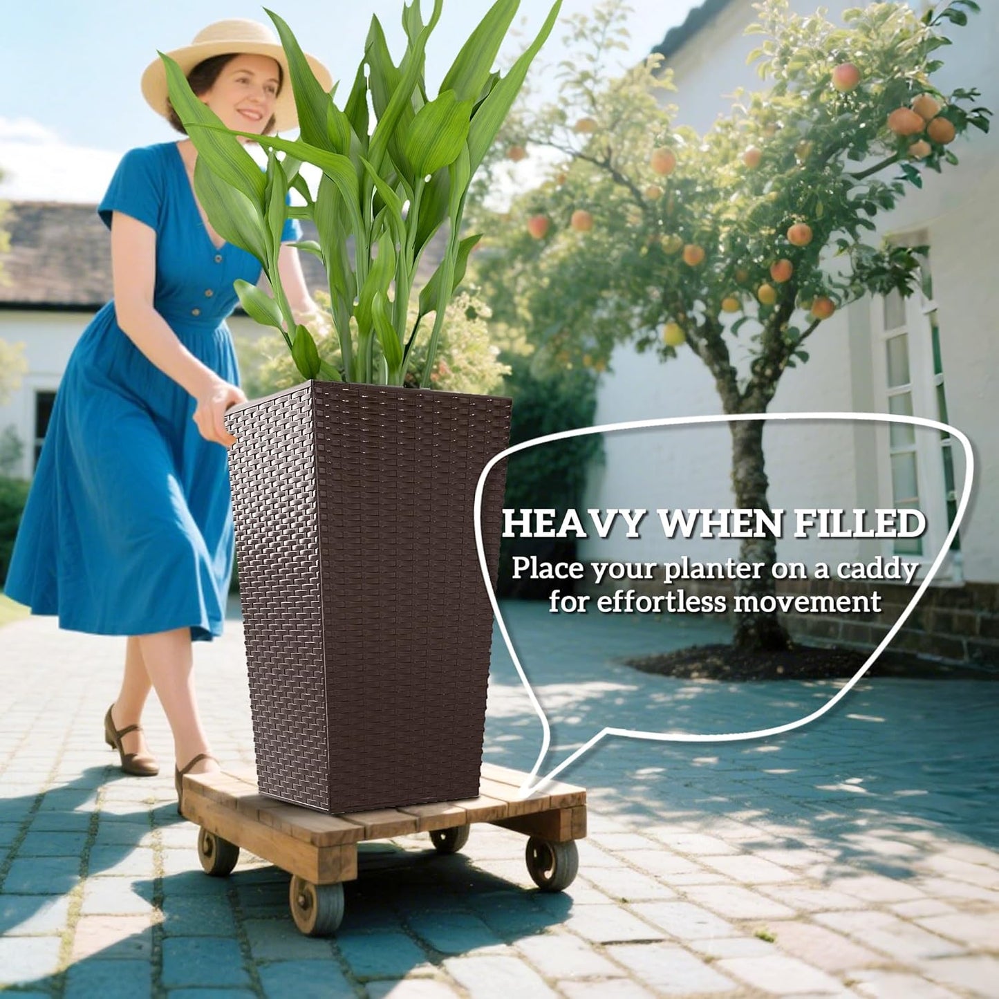 Outsunny Tall Planters for Outdoor Plants Set of 3, 24 in Taper Planters with Drainage Holes, Rattan Decor Plant Pots for Indoor Outdoor Front Porch Patio Backyard, Brown