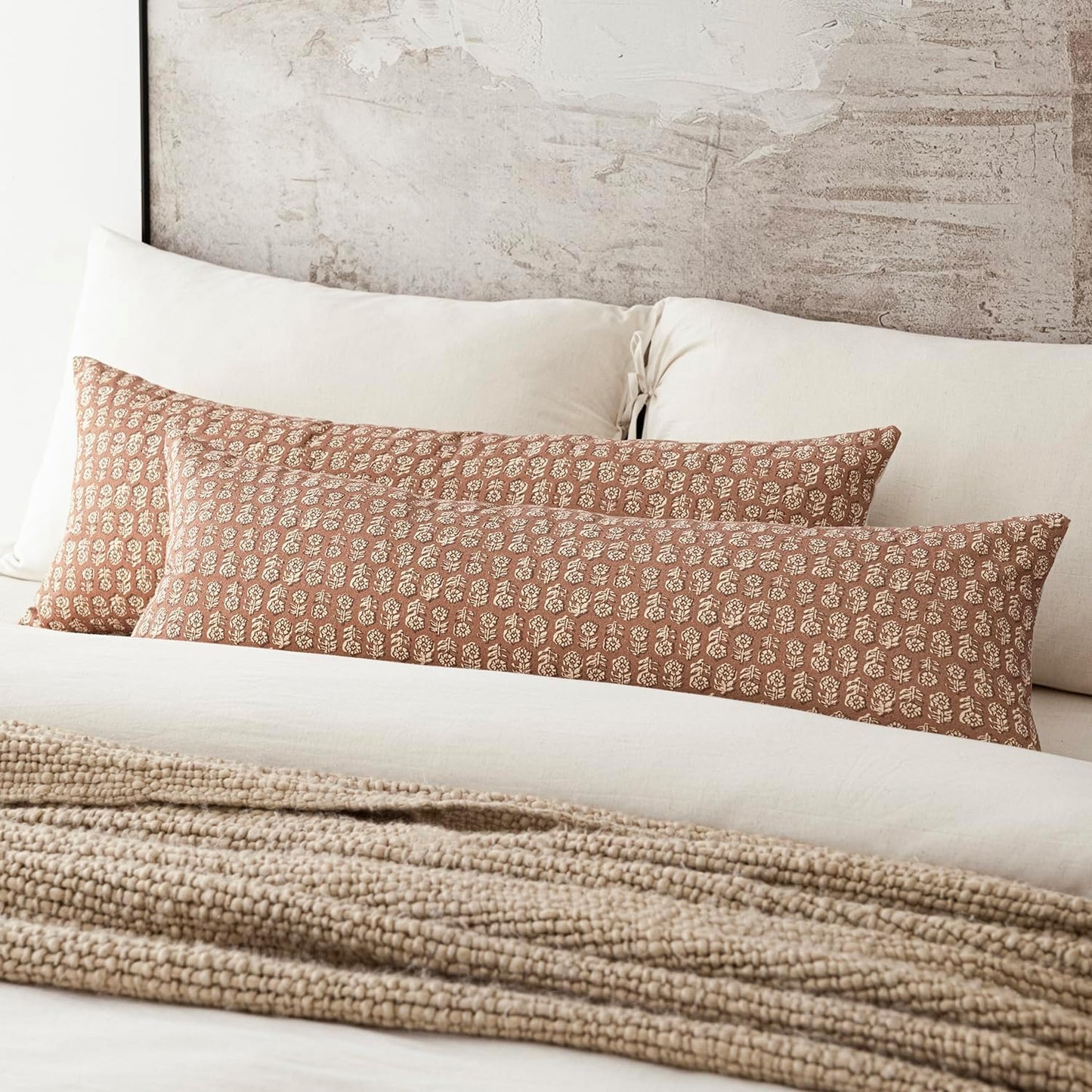 Foindtower Set of 2 Decorative Long Body Lumbar Throw Pillow Covers Neutral Farmhouse Cushion Covers Vintage Home Decor for Sofa Couch Chair Bedroom Living Room Outdoor,14×36 Inch,Light Orange Brown