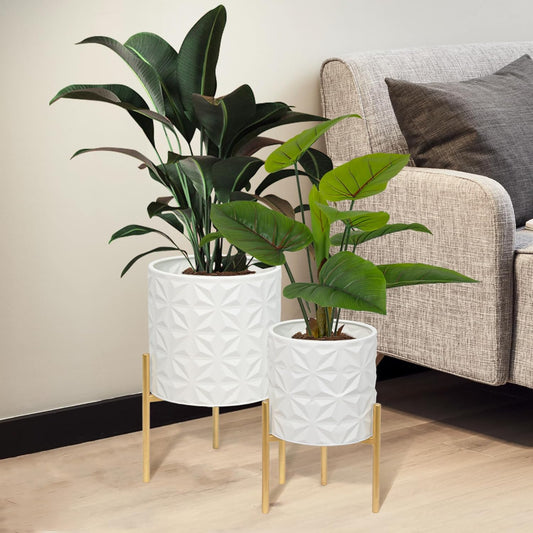 ARNIS Modern Planter Pots, Set of 2 Large Planters with Stand, Decorative Planters, Metal Pots with Drainage Holes for Living Room, Office, Garden or Balcony, 8.25 &10.5 Inch, Matte White