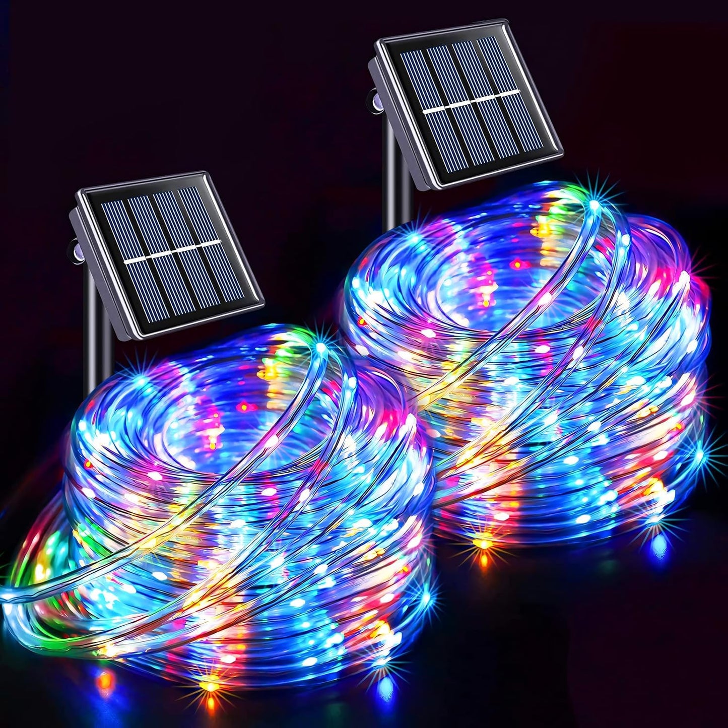 JMEXSUSS 2 Pack 100 LED Solar Rope Lights, IP 65 Solar Rope Lights Outdoor Waterproof, 33ft 8 Modes PVC Tube Trampoline Light for Fence Walkway Path (Multicolor)