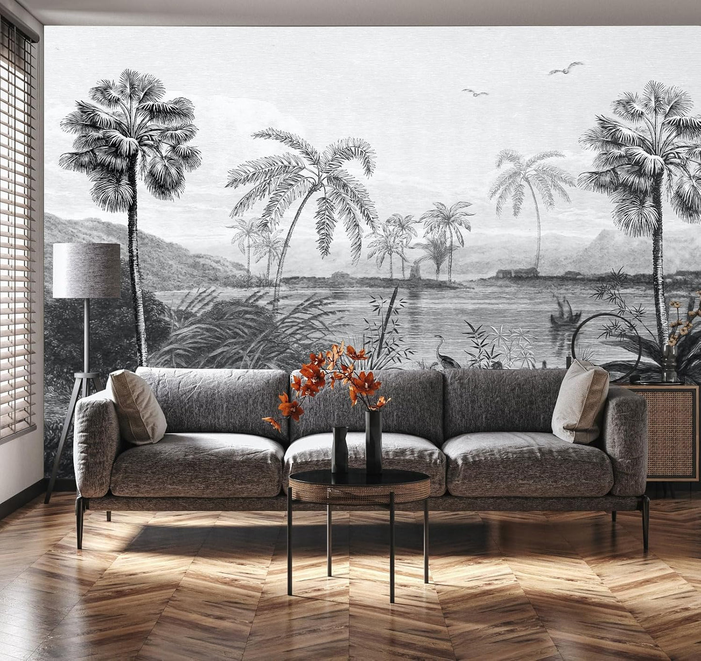 Vintage Black and White Forest Wallpaper Hand Painted Palm Tree Wall Mural for Bedroom Living Room (Not Peel n' Stick)